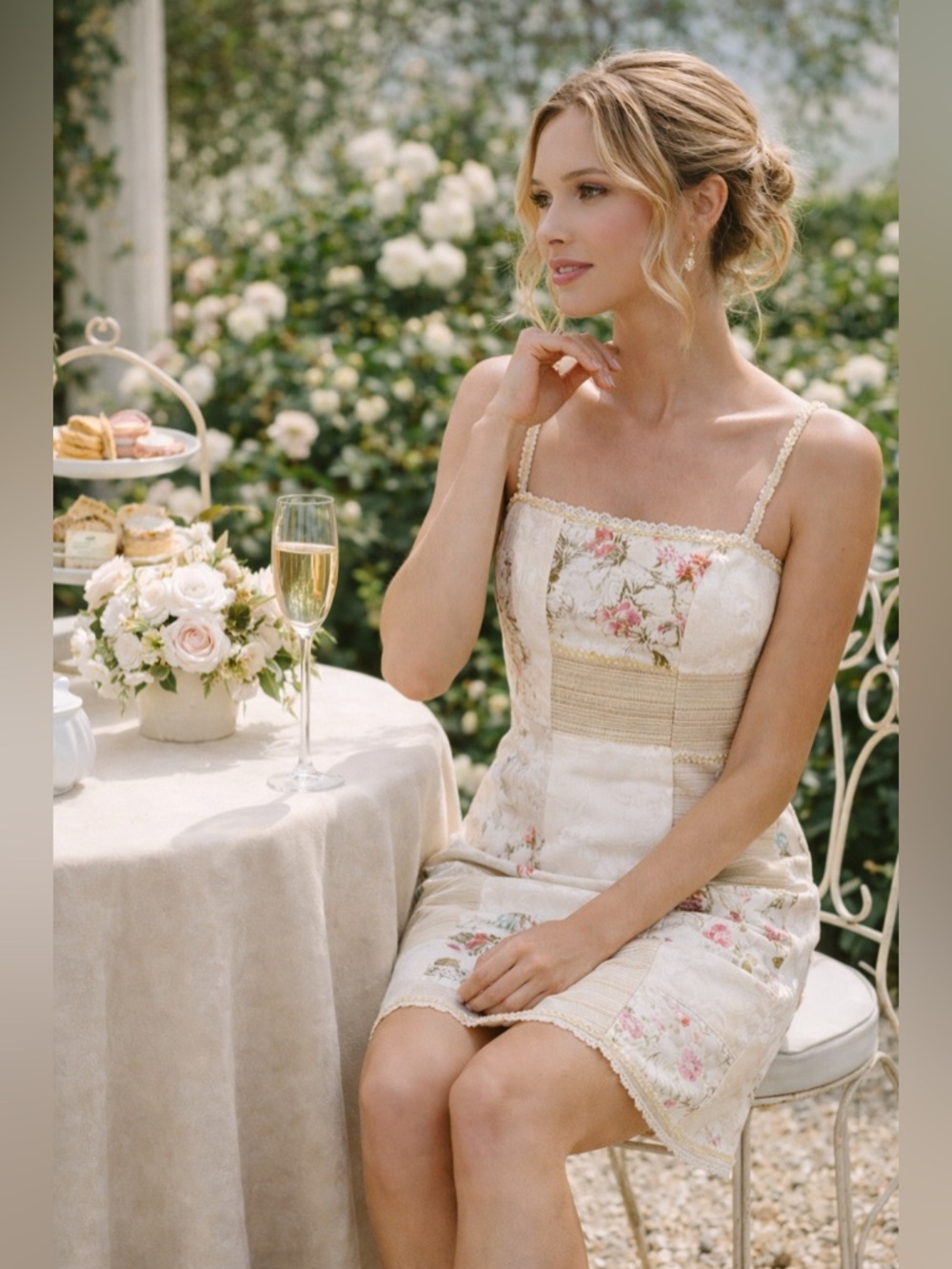 Alberto Makali Patchwork Floral Jacquard Dress Sequin Lace Trim Romantic Sz 12 - Picture 4 of 16